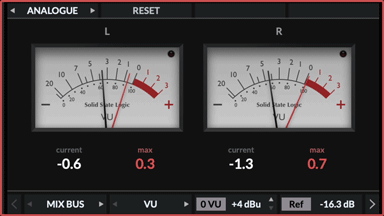 SSL UF1 – True-Peak- und RMS-Pegel – Analogansicht
